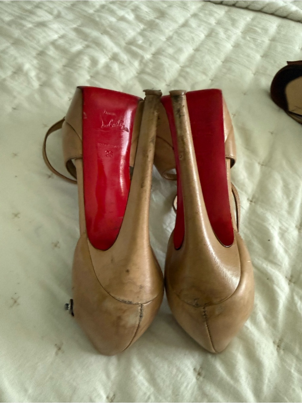Christian Louboutin Beige Leather Ankle-Strap Heels with Red Soles - Picture 6 of 8